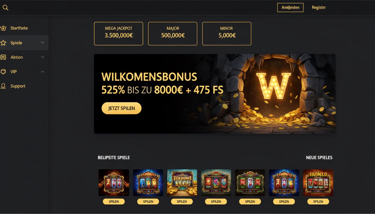Startseite von Winhero mit Willkommensbonus und Spielauswahl