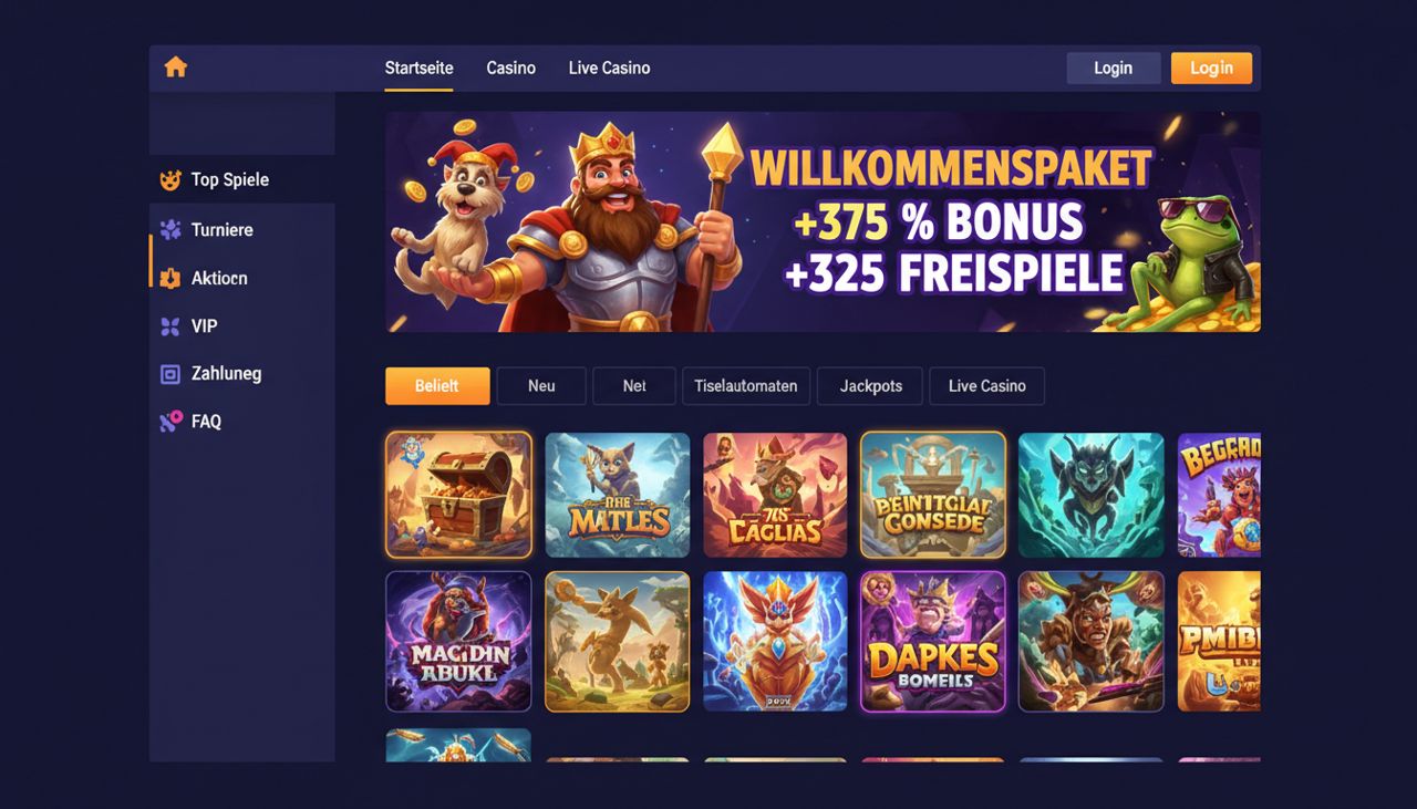 Beispielhafte Casino-Lobby von Dazard mit Spielekategorien und Bonusbanner