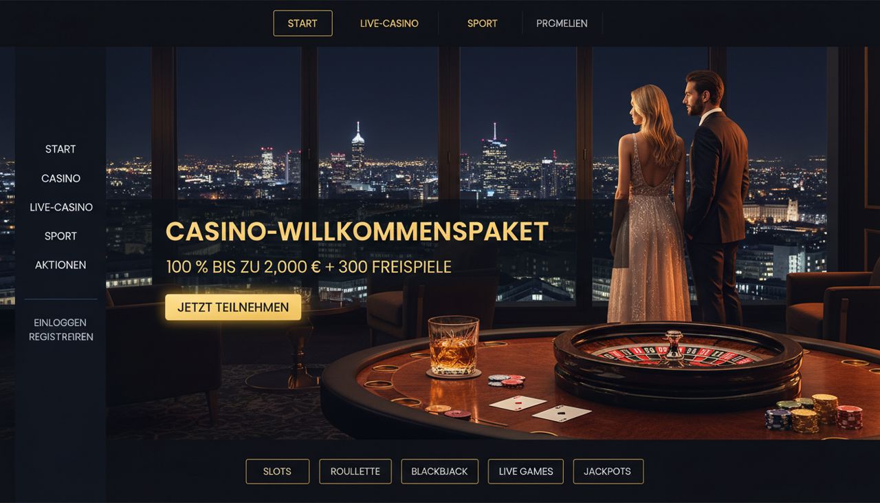 Casino-Lobby von TowerCasino mit Roulette-Tisch, Navigationsmenü und Bonusbanner