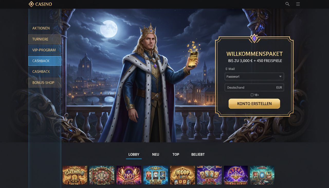 Startseite von King Billy mit Registrierungsformular, Willkommensangebot und Spielelobby