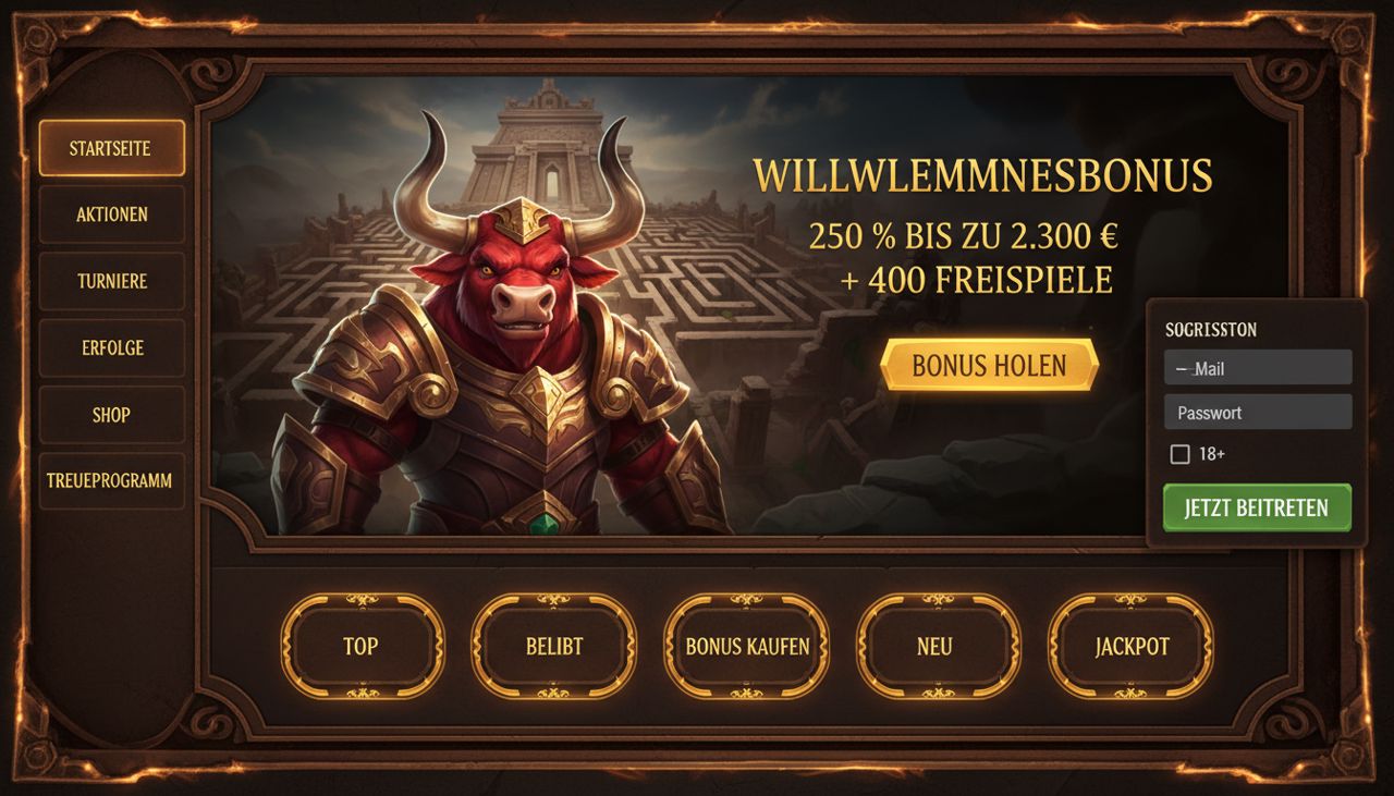 Startseite von Mino Casino mit Willkommensbonus, Anmeldeformular und Spielkategorien