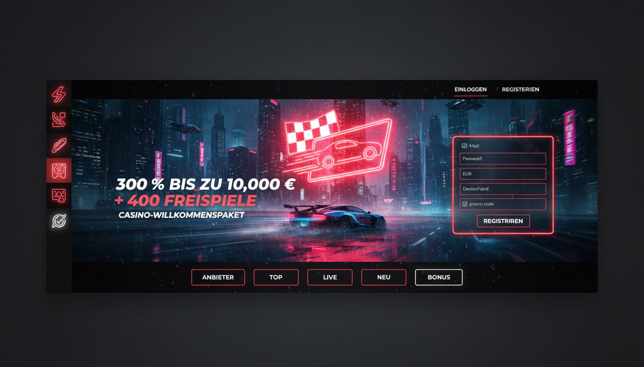 Startseite von Redracer mit Willkommensbonus und Registrierungsformular